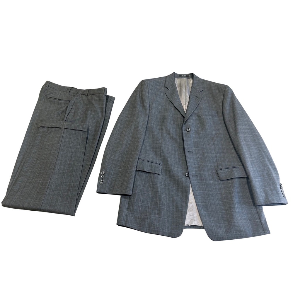 Calvin Klein Mens Grey Plaid 2 Piece Suit 42L Wool 2 Button Blazer Pants 31